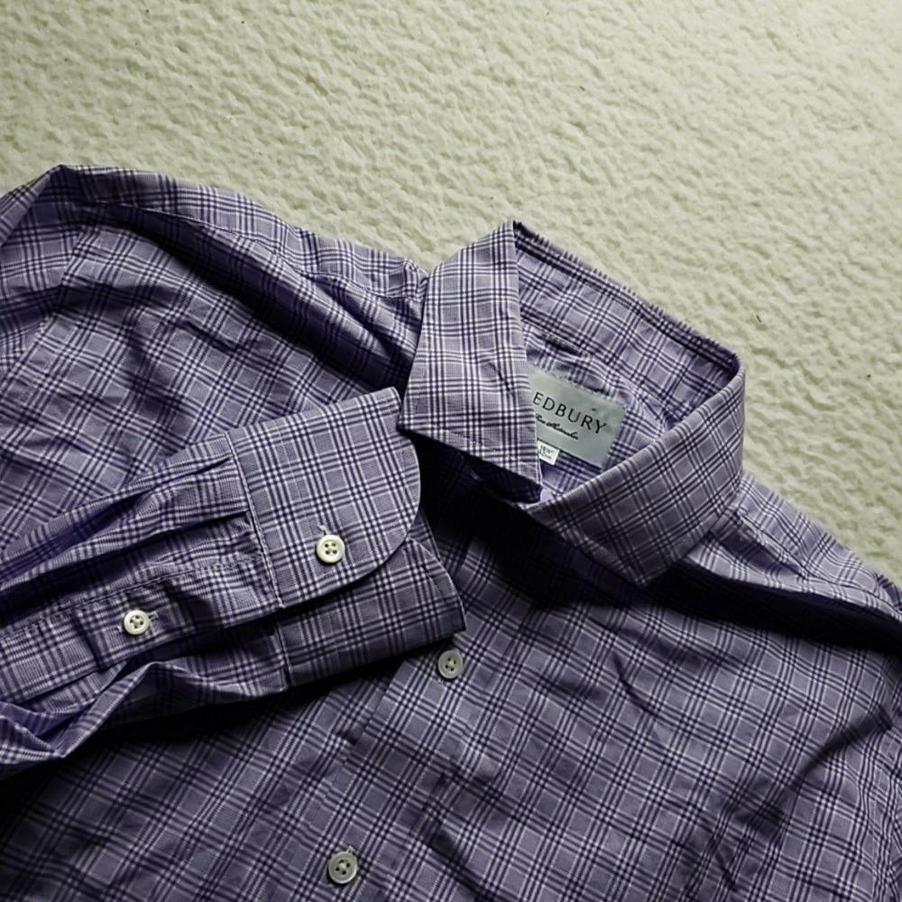 Ledbury Dress Shirt Mens 16.5 Purple Check Classic Fit Cotton Long Sleeve